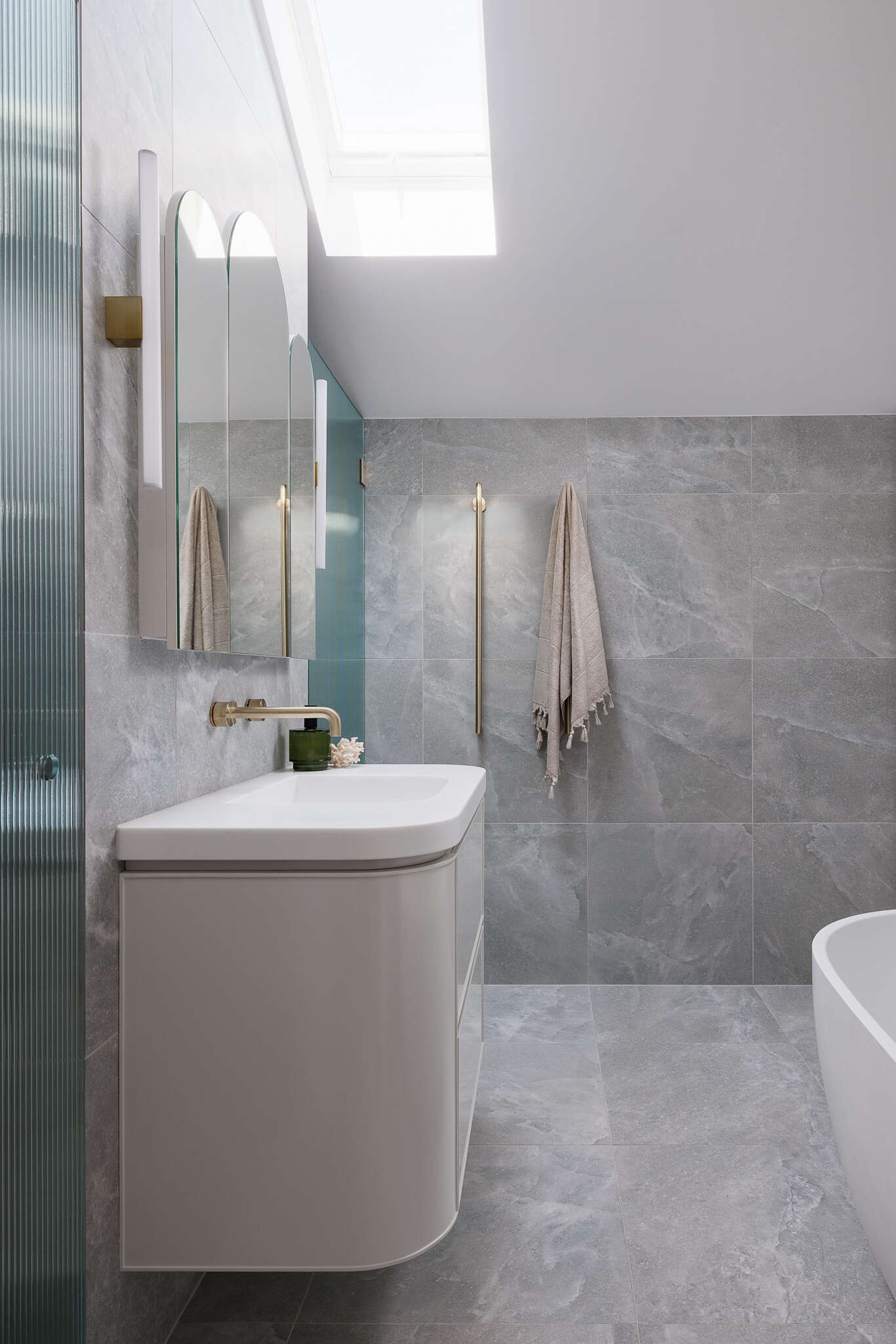 Arched mirrors & skylit ensuite